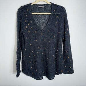 Wooden Ships Loose Knit Pullover Sweater-V Neck-Dark Gray Stars-S/M